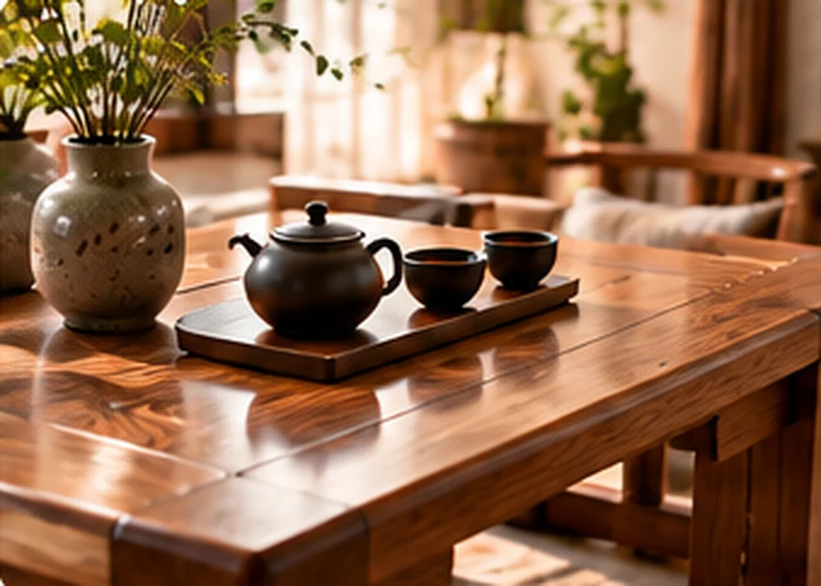茶壶与茶杯在桌面上的陈设
